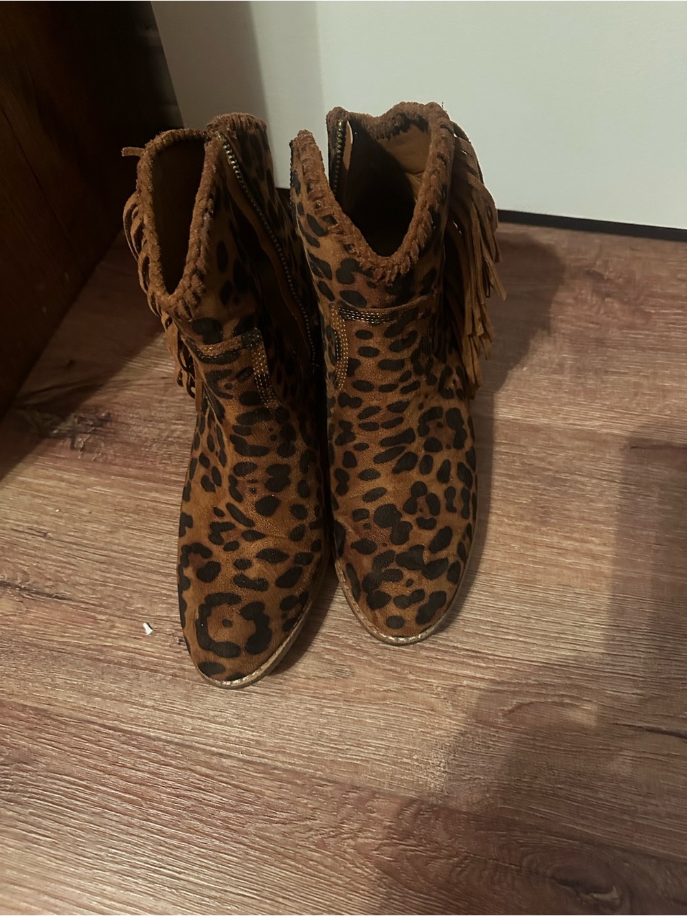 Leopard Print Fringe Ankle Boots - Brown